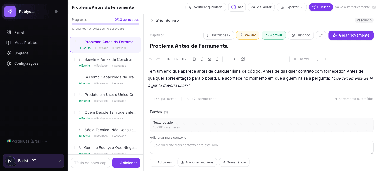 The Publyo book editor showing the chapter sidebar, AI writing, and KDP-ready EPUB export
